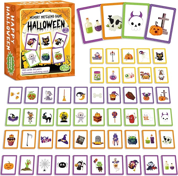gisgfim 100 PCS Memory Matching Game Happy Halloween Concentration Memory Games Card for Kids Educational Ages 3-8 A Fun & Fast Halloween Theme Matching Games