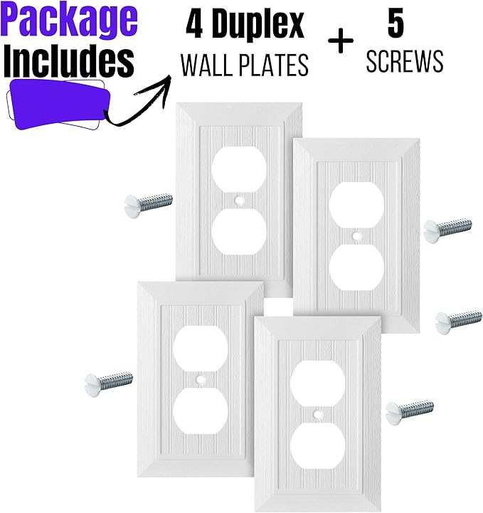 Bates- Classic Beadboard Single Duplex Wall Plate, 4 Pack, White Outlet Covers, Outlet Wall Plate, Outlet Covers, Outlet Plate, Electrical Outlet Cover Plates, Wall Outlet Cover, Duplex Outlet Cover