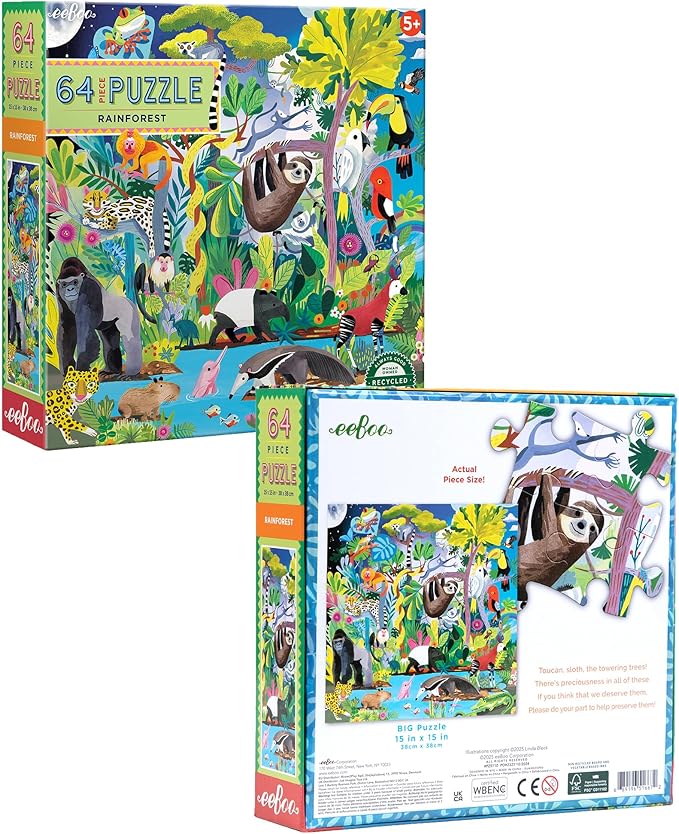 eeBoo: Rainforest - 64 Piece Puzzle - 15" x 15" Jigsaw, Vibrant Animal & Nature Scene, Informational Poster, Big Sturdy Dustless Pieces, Kids Ages 5+