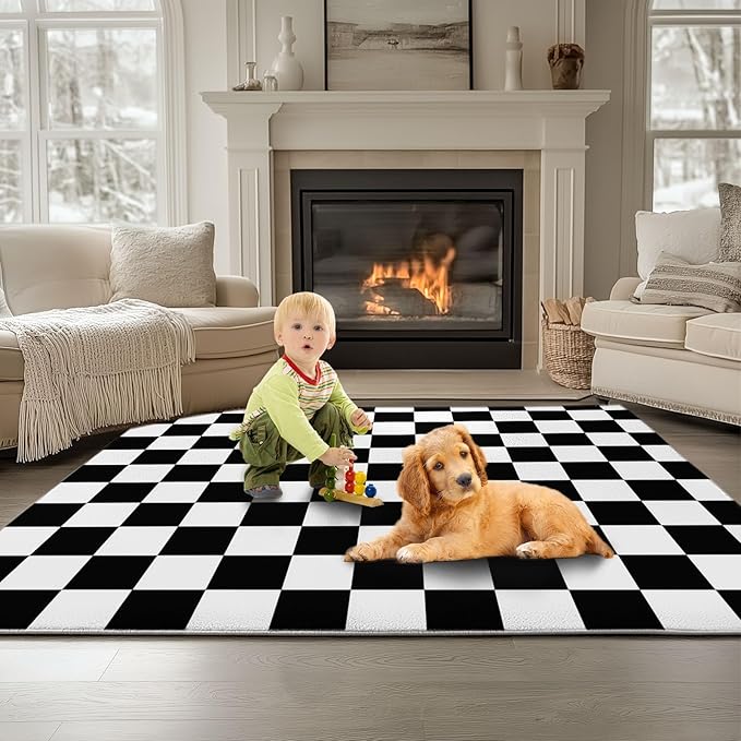 Geometric Black and White Checkered Non-Slip Rug 5 x 8 ft Low Pile Washable Non-Slip Flannel Area Rug, Black and White Super Soft Indoor Fuzzy Carpet for Bedroom Living Room Home Decor Runner