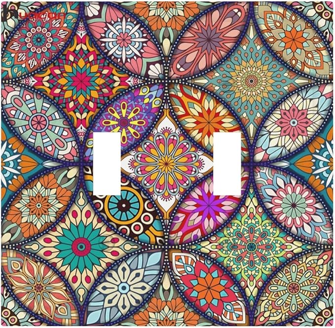 Boho Floral Pretty Colorful Mandala Flowers Decorative Switch Plates 2 Gang Double Toggle Outlet Light Switch Cover Wall Plate Electrical Faceplate for Bedroom Living Room Decor