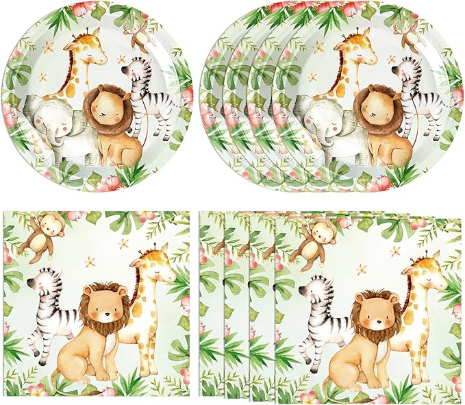 40PCS Jungle Safari Birthday Decorations Disposable Tableware Set Safari Jungle Themed Party Dessert Plates, Napkins Baby Shower Animal Birthday Party Decorations for Boys Girls