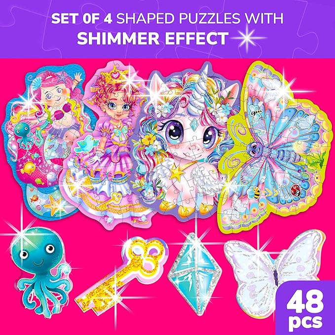 QUOKKA Puzzles for Kids Ages 4-6 – 4x48 Pieces Jigsaw Puzzles for Toddlers 2-4 – Shimmery Princess, Mermaid, Butterfly & Unicorn Shaped Children's Game Ages 3-5 – Educational Toy Gift for Kids 5-8