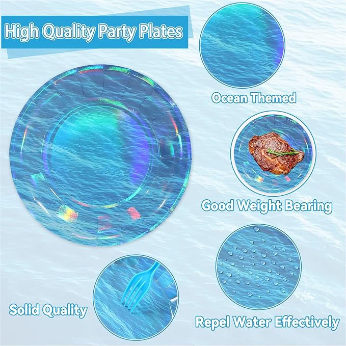 96 Pcs Iridescent Ocean Waves Party Plates and Napkins for Under The Sea Party Supplies Ocean Wave Themed Paper Dessert Plates Blue Tableware Set for Mermaid Pool Beach 24 Guests Party Decorations
