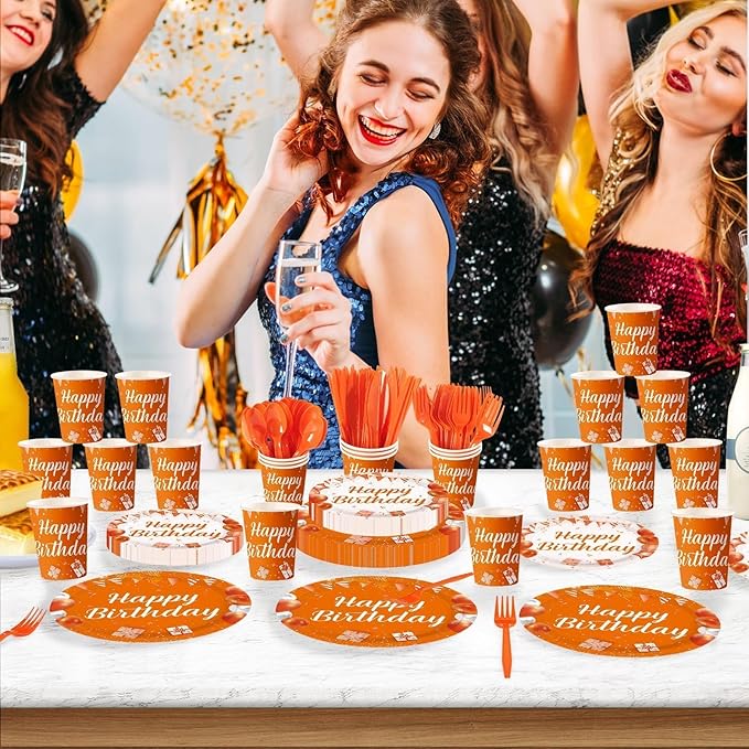 168Pcs Orange Happy Birthday Decorations Orange and White Plates and Napkins Cups Forks Disposable Bday Tableware Sets for Women Girls Kids Boys Men Birthday Baby Shower Party Supplies Serves 24