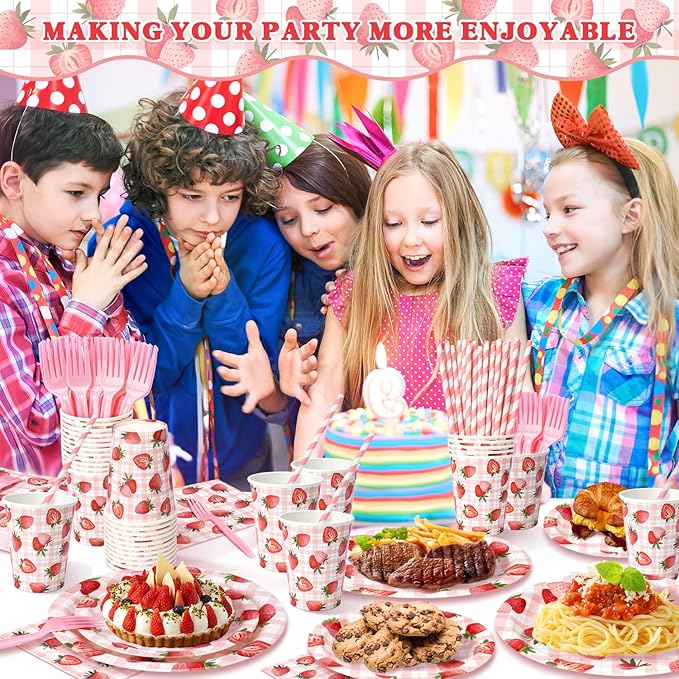 300 Pcs Berry First Birthday Decor, Strawberry Decorations For Party, Strawberry Shortcake Birthday Decorations, Plates and Napkins Serves 50 Guests