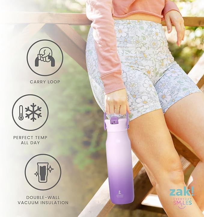 Zak Designs Harmony Water Bottle Benefiting St. Jude, For Travel or At Home, 32oz Stainless Steel is Leak-Proof When Closed and Vacuum Insulated with Straw Lid and Carry Handle (Purple Ombre)