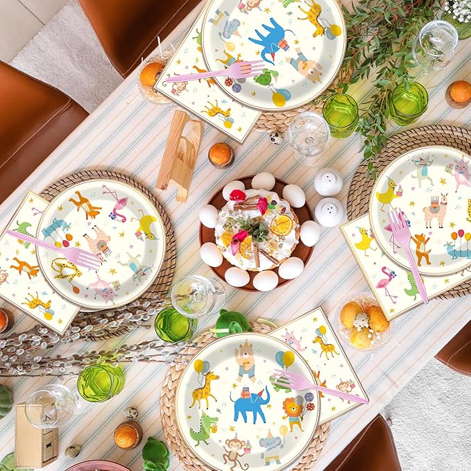 Qyeahkj 100PCS Party Animal Plates and Napkins Party Supplies Happy Birthday Parade Tableware Set Faint Yellow Birthday Decorations Favor Dinner Plates for Animal Party Celebrations Serves 25