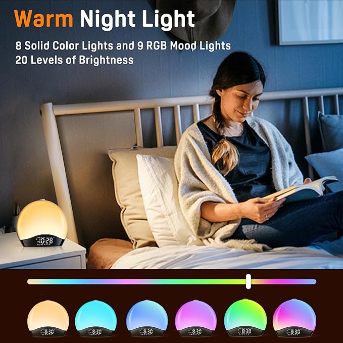 JALL Sunrise Alarm Clock for Bedrooms with White Noise Sound Machine, Wake Up Light Alarm Clocks for Heavy Sleepers & Kids, Dual Alarms, Nightlight, Sleep Timer, Bluetooth Speaker