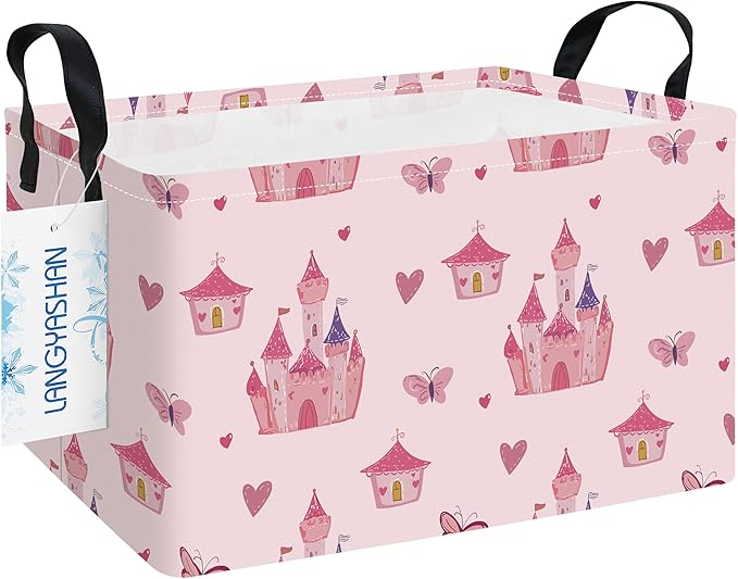 LANGYASHAN Rectangular Girl Storage Bin Collapse Canvas Fabric Cartoon Storage Basket with Handles for Organizing Home Kitchen Boys and Girls Toys Office Closet Shelf Baskets (Rec Pink Castle)