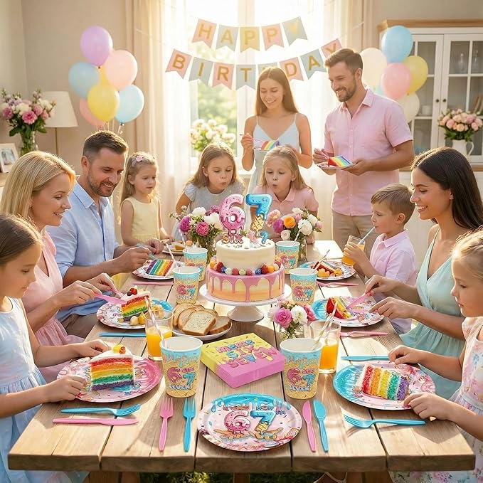 152 PCS 6 7 Six Seven Ice Cream Birthday Disposable Party Supplies Serves 20 Guests, Sweet Treats Meme Disposable Tableware Set with Plates Cups Napkins Cutlery for 6 & 7 Year Old Birthday Decorations