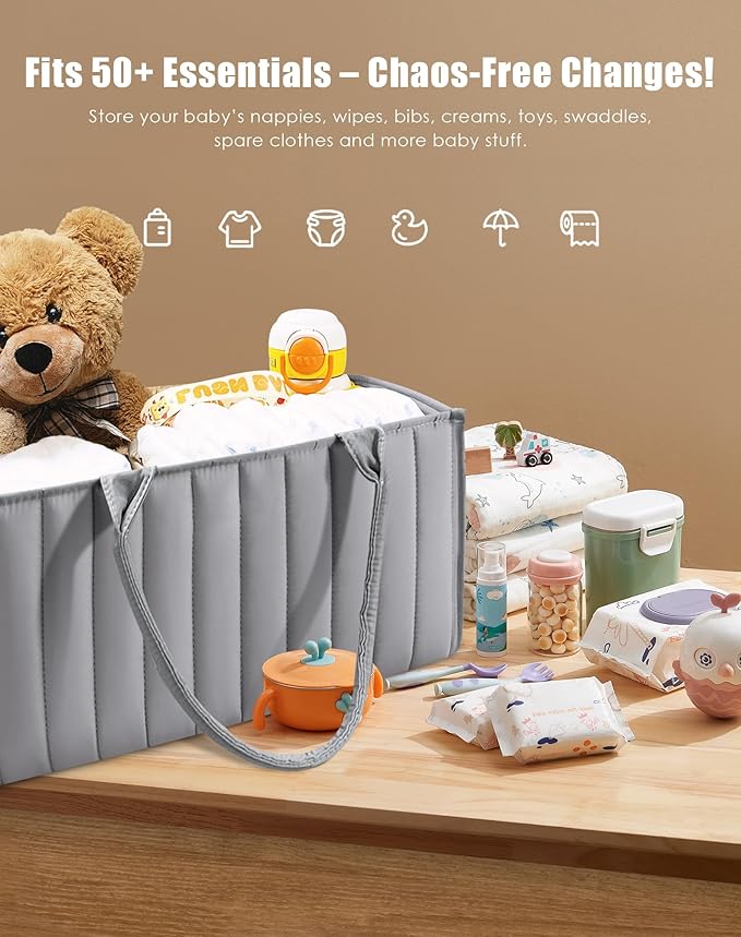 SWEET DOLPHIN 2-Pack Baby Diaper Caddy Organizers, Stylish Storage Baskets for Newborn Essentials, Diaper Station & Car Travel, Value Bundle for Baby Shower Gifts & Registry Must-Haves - Grey