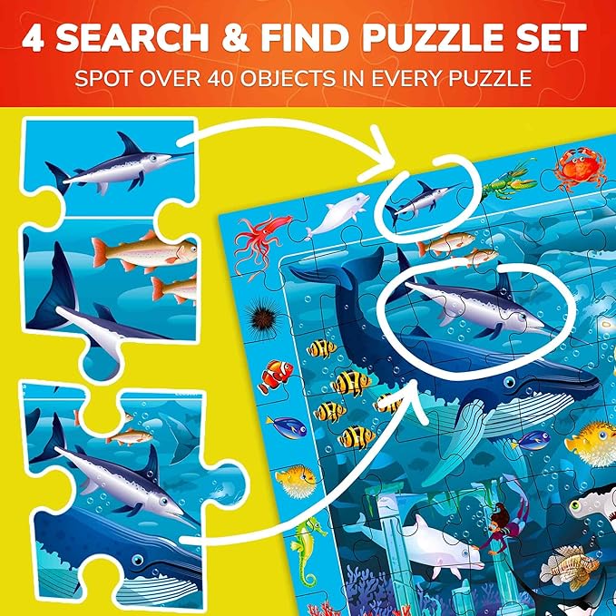 QUOKKA 100 Piece Puzzles for Kids Ages 4-6 - 4 Jigsaw Puzzles for Kids Ages 6-8 - Search and Find Game with Animals, Dinosaurs for Childrens 5-8 - Learning Educational Toys for Boys and Girls 8-11
