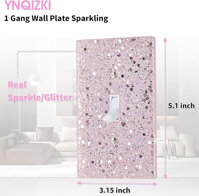Pink Glitter Light Switch Cover - Sparkling Wall Plate 5.1"x3.15", Home Decor, Single Toggle