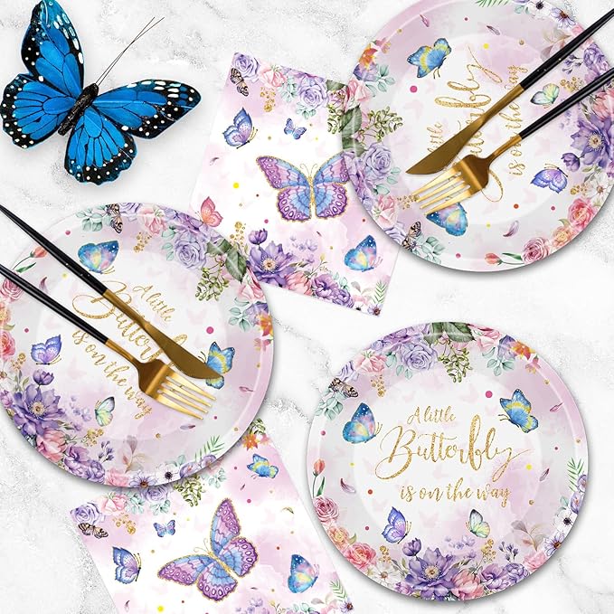 40 Pcs Butterfly Birthday Party Decorations - Purple Butterfly Plates and Napkins, Floral Paper Plates Napkins Disposable Tableware Sets for Butterflies Birthday Party Supplies Decor Favors, Serve 20