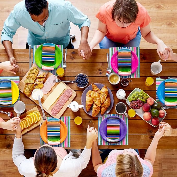 K1tpde Mexico Party Tableware Set - 90PCS Taco Nights Themed Paper Plate Set for Kids Colorful Striped Mexican Birthday Disposable Dinnerware Paper Napkins Forks for Carnival & Fiesta Party Supplies