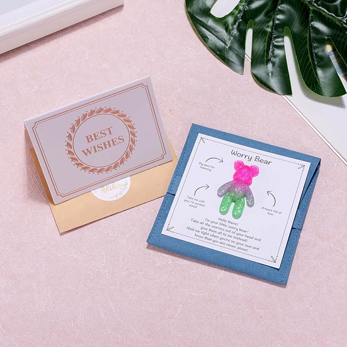 Aesnefe Pocket Worry Bear Hug, Anxiety Relief Keepsake, Mental Health Encouragement Gift, Emotional Support Token, Stress Comfort Gift for Teens & Adults, Pink Green