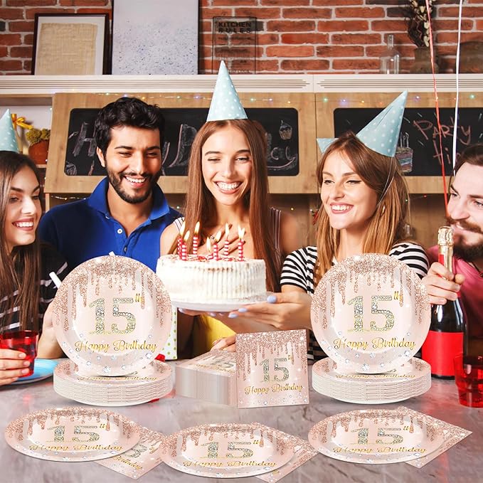 50Pcs Rose Gold 15th Birthday Party Paper Plates Napkins Girls Pink 15th Birthday Dessert Table Decoration Happy 15 Years Old Cake Tableware Set Serves 25 Guest Fifteen Years Old Party Favor Supplies
