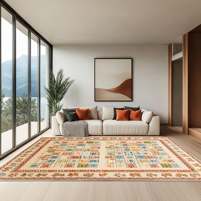 Washable Area Rug 3 x 4 ft Geometric Rectangular Snake Ladder Decor Carpet, Beige Non Slip Stain Resistant Large Area Rugs - Living Room Bedroom Dining Room Office Carpet