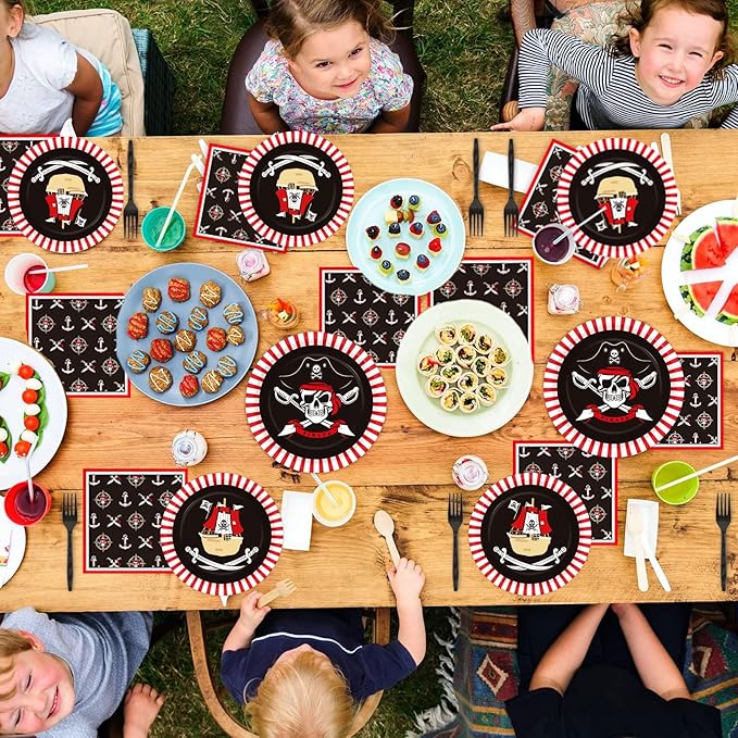 96pcs Pirate Birthday Tableware Set Pirates Party Paper Plates and Napkins Decorations Pirate ship Bone Disposable Dinnerware Supplies for Adult Teens Kids Birthday Party Favor, Severs 24