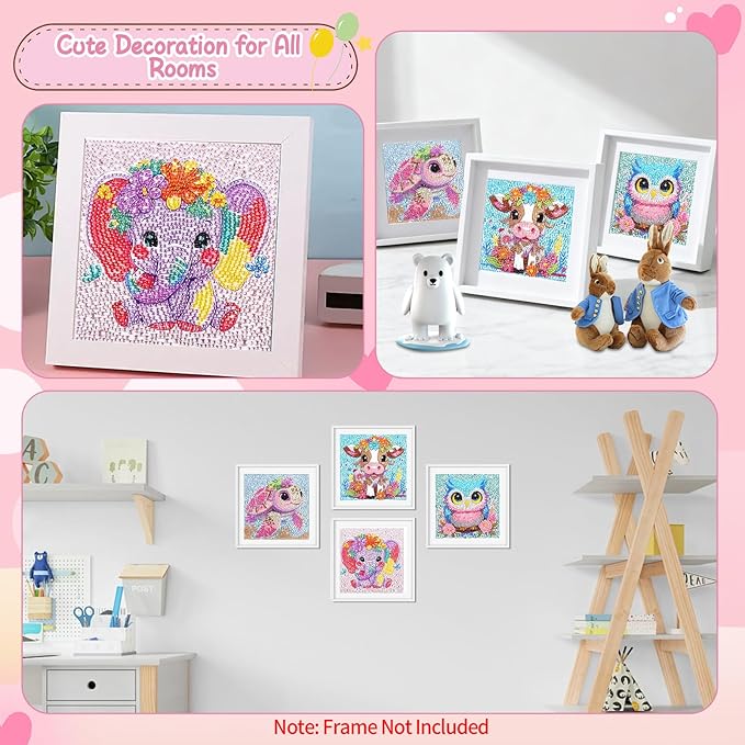 GIFOHAPY 4 Pack Diamond Art Kits for Kids, 5D Cute Animal Diamond Painting Kit for Beginners, Gem Art Crafts By Number for Boys Girls Ages 6-8-12-14,Home Wall Decor Gift 6X6“ (XY001+002+003+04)