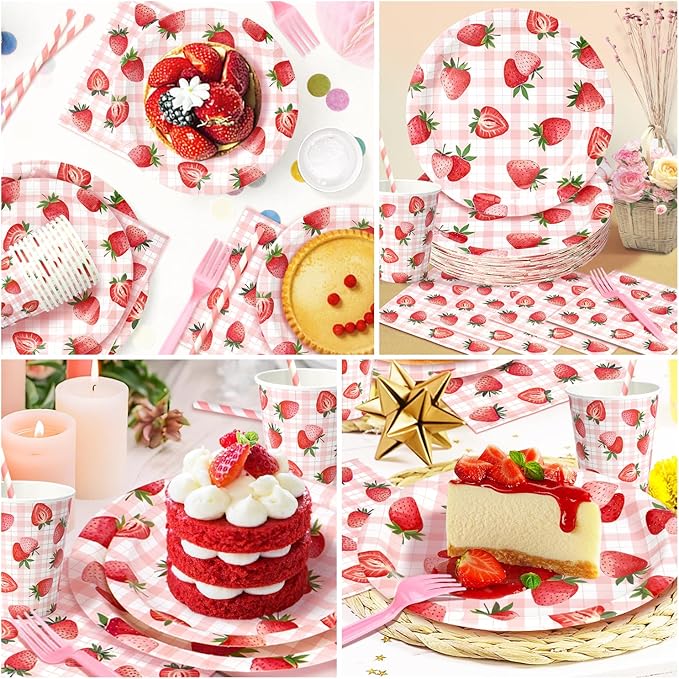 144 Pcs Strawberry Plates and Napkins Tableware Set, Plates Napkins Cups Straws and Forks Sets, Strawberry Party Birthday Supplies, Shortcake Birthday Decorations, Serves 24 Guests
