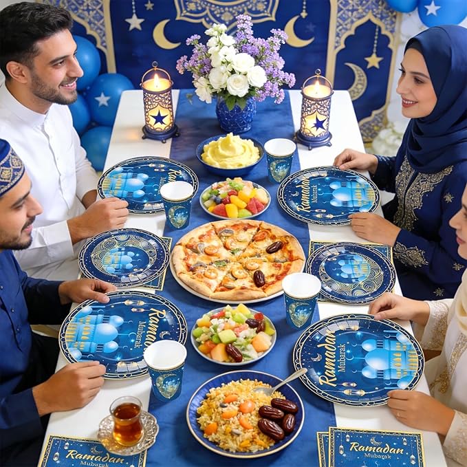 168Pcs Blue Eid Ramadan Decorations for Home Mosque Lantern Moon Plates and Napkins Cups Forks Islamic Muslim Decor Tableware Sets for Eid al-Fitr Decor al-Adha Festival Home Party Supplies Serves 24