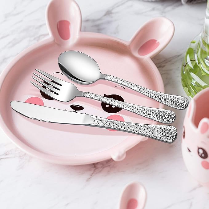 LIANYU 12-Piece Kids Utensils Silverware Set, Stainless Steel Toddler Hammered Flatware Cutlery, Children Tableware Includes Knives Forks Spoons, Dishwasher Safe