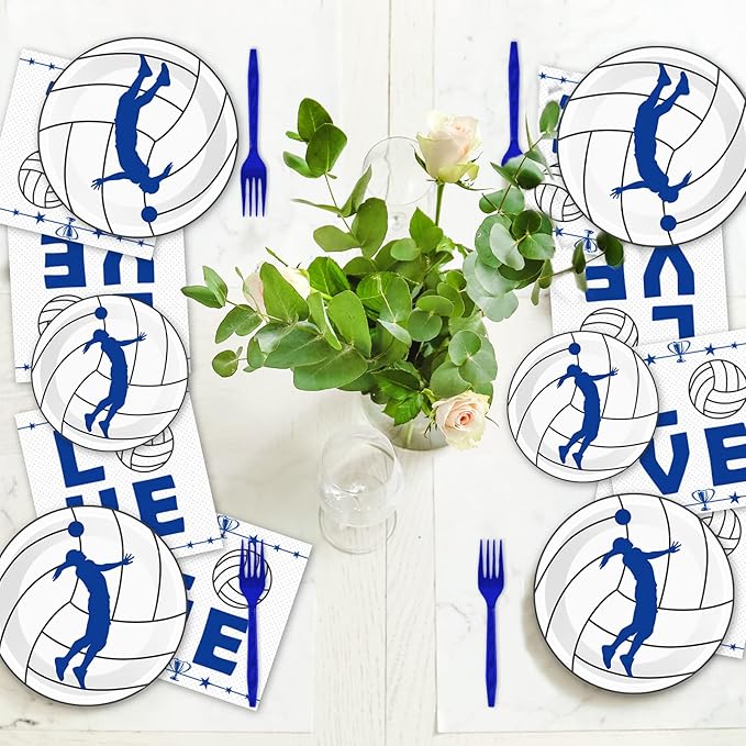 Wiooffen 96 Pcs Volleyball Party Plates Napkins Tableware Set Volleyball Birthday Supplies Disposable Dinnerware Sports Theme Party Decoration Favors for Baby Shower, 24 Guests