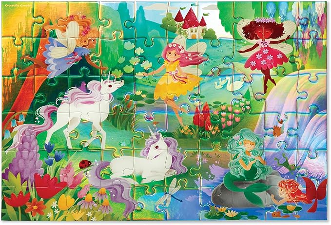 Crocodile Creek 60-Piece Holographic Foil Floor Puzzle for Kids Ages 4-8 and Up - Heavy-Duty Box for Storage - Magical Friends - 14” x 19” Finished