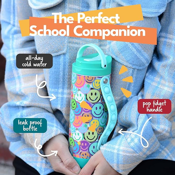 Elemental Iconic Kids Water Bottle for School - 100% Leak-Proof Insulated Water Bottles with Straw Lid & Pop-It Handle for Boys & Girls - Triple-Wall Insulated & BPA-Free, 14oz – Graffiti Smile