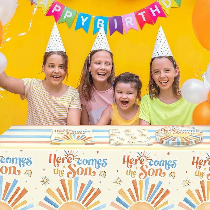 Here Comes The Son Baby Shower Decorations,Boho First Trip Around The Sun Party Supplies,Disposable Dessert Plate,Napkin,Tablecloth for It's A Boy Gender Reveal,Sun You Are My Sunshine Baby Shower