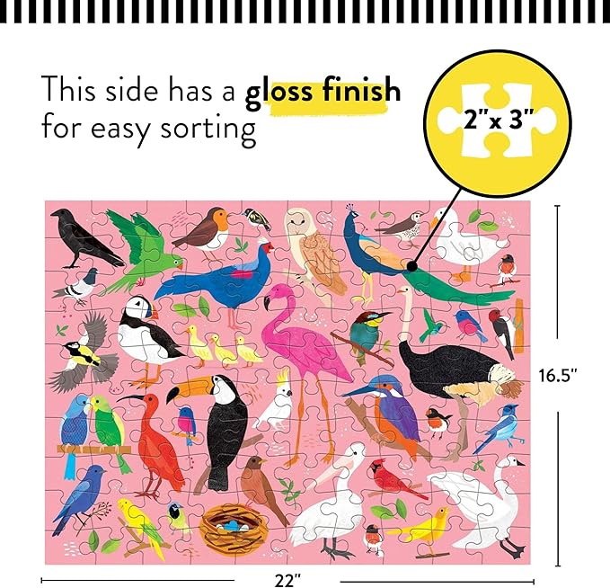 Mudpuppy Bugs and Birds Double-Sided Puzzle, 100 Pieces, 22” x 16.5” – Perfect Family Puzzle for Ages 6+ - Colorful Illustrations of Birds on One Side and Bugs on the Other, Multicolor (0735363749)