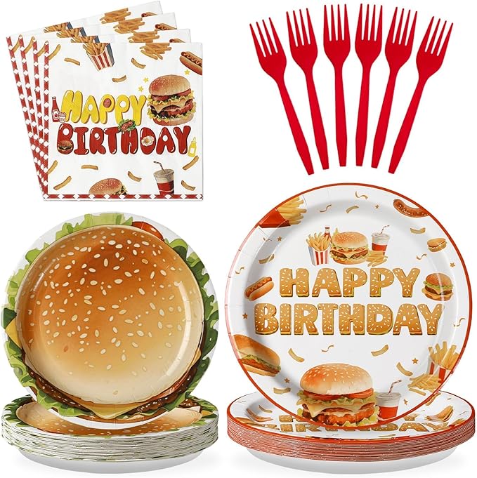 Grencian 96Pcs BBQ Birthday Party Decoration Fast Food Hamburger Plates and Napkins Disposable Barbecue Supplies Picnic Tableware for Food Themed Birthday Party Decorations Serves 24