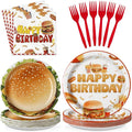 Grencian 96Pcs BBQ Birthday Party Decoration Fast Food Hamburger Plates and Napkins Disposable Barbecue Supplies Picnic Tableware for Food Themed Birthday Party Decorations Serves 24