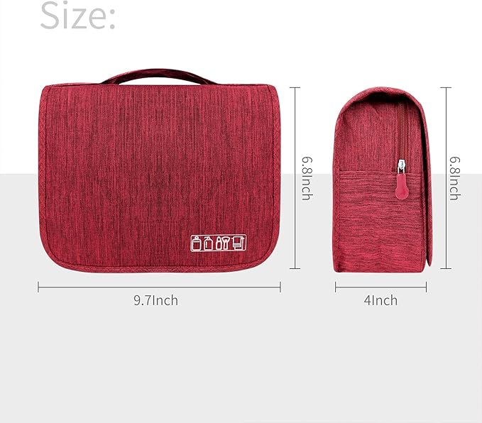 Lcsmaokin Large Capacity Toiletry Bag Travel Bag with Hanging Hook for Men and Women Waterproof Travel Cosmetic Bag Bathroom Storage Bag for Brushes Set, Full-Sized Shampoo, Toiletries, (Wine Red)