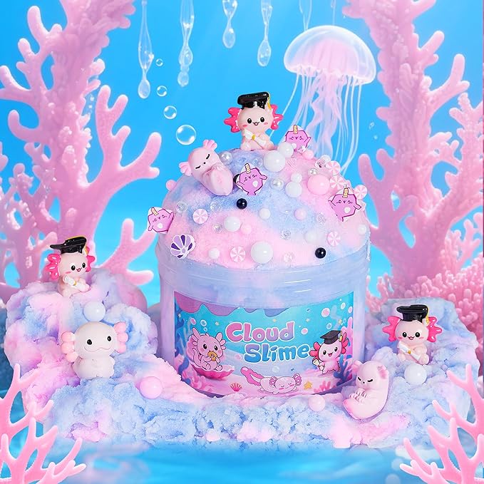Axolotl Cloud Slime Kit 2 Pack - 14oz Non-Sticky DIY Slime for Kids, Includes Cute Axolotl Charms & Add-Ins, Glitter, ASMR Sensory Toys, Slime Party Favors for Girls Boys
