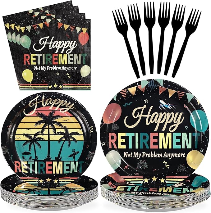 96Pcs Vintage Retirement Party Decorations Colorful Vintage Happy Retirement Plates and Napkins Tableware Sets Retired Themed Decorations for Men Women Retired Farewell Party Supplies Serves 24