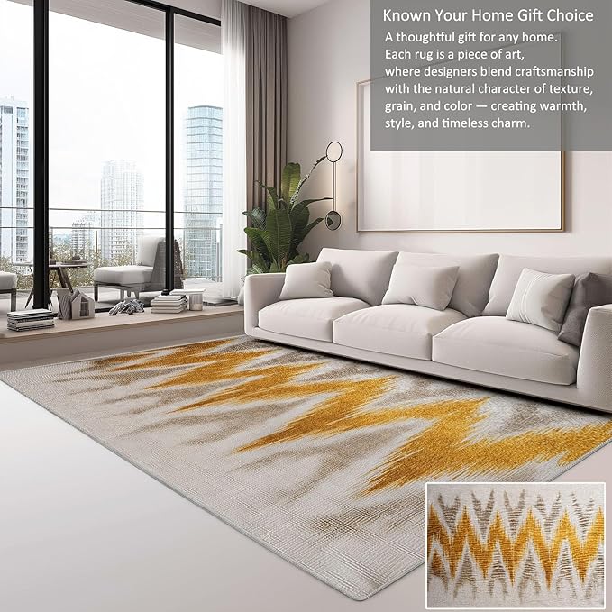 Abstract Chevron Stripes Area Rugs 2×8ft Yellow and Gray Shabby Chic Soft Non-Slip Rug for Bedroom Hallway, Ultra-Thin Low Pile Carpet for Kitchen Dining Room