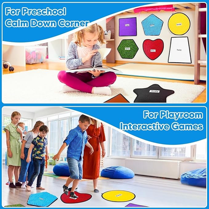 Garybank Labeled Sensory Mats w/Therapy Games for Autistic Kids, 8 Pcs Texture Mats w/48 Game Cards, Autism Kids Sensory Toys, Special Education Classroom Must Haves, Sensory Tile for Calm Down Corner