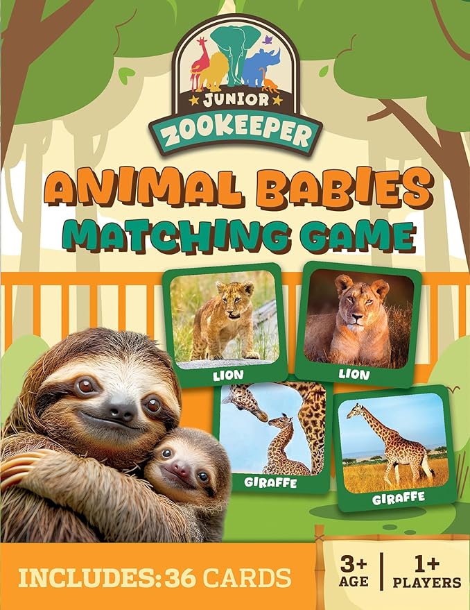 Masterpieces Officially Licensed Jr Zookeeper - Animal Babies Picture Matching Card Game for Kids and Families