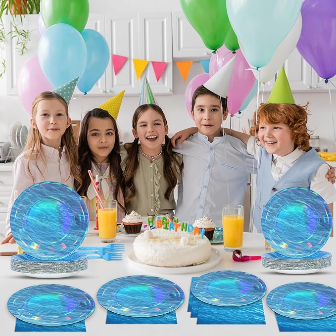 96 Pcs Iridescent Ocean Waves Party Plates and Napkins for Under The Sea Party Supplies Ocean Wave Themed Paper Dessert Plates Blue Tableware Set for Mermaid Pool Beach 24 Guests Party Decorations