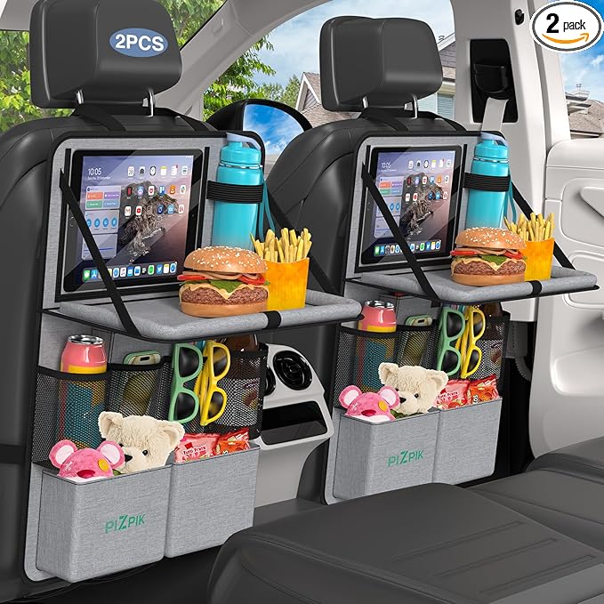 Plzpik Car Backseat Organizer with Tablet Holder,11 Storage Pockets with Foldable Food Tray, Protector Kick Mats for Kids, Travel Accessories Organizer (Gray, 2Pack with Food Tray)