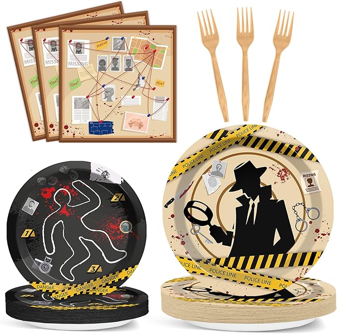 OBUSATT 96 Pcs Detective Theme Paper Plates and Napkins Top Secret Agent Spy Birthday Party Supplies Escape Room Tableware Set for Kids Boys Girls Clue Games Party Decorations Favors for Serves 24