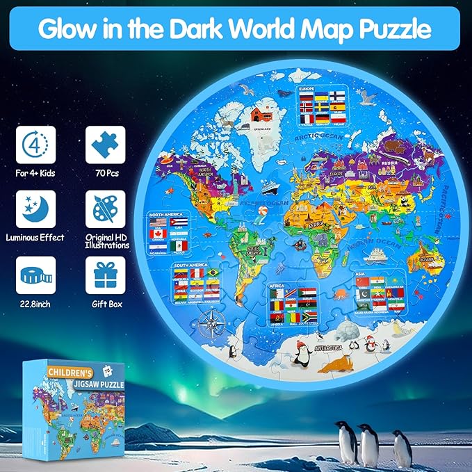 Glow in The Dark World Map Puzzles for Kids 4-6, 70 Pieces Large Globe Floor Puzzles for Kids Ages 6-8 Continents Geography Puzzle Educational Learning Toys for Children, Easter Gifts for Kids