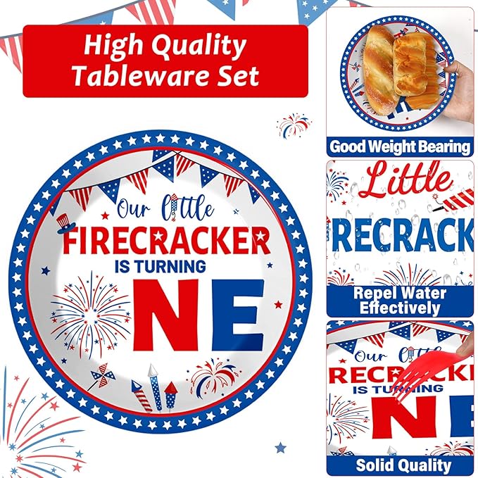 gisgfim 96Pcs Little Firecracker First Birthday Plates and Napkins Party Supplies 4th of July Party Tableware Set Independence Day Patriotic Paper Dinner Birthday Decorations Favors for 24 Guests