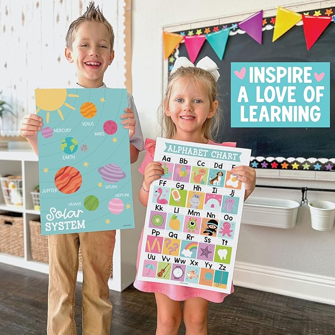 Hadley Designs 16 Educational Posters for Toddler Learning Activities - Alphabet Daycare Essentials, Laminated Pre-K Posters for Toddlers 1-3, Preschool Learning Activities, Pastel Classroom Decor
