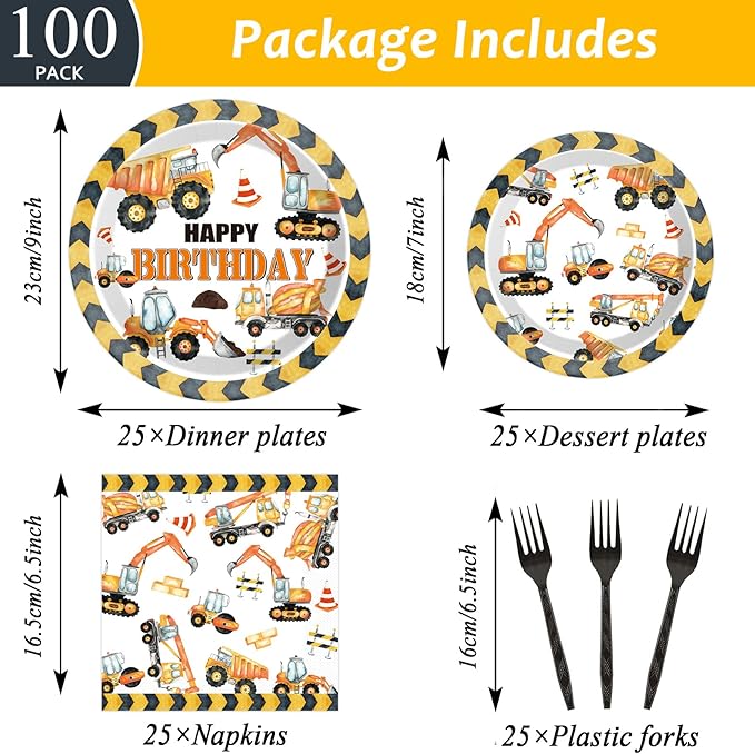100 Pcs Construction Birthday Party Plates and Napkins Set Dump Truck Birthday Party Decorations Supplies Construction Tableware Construction Themed Party Favors for Boys Birthday Serves 25