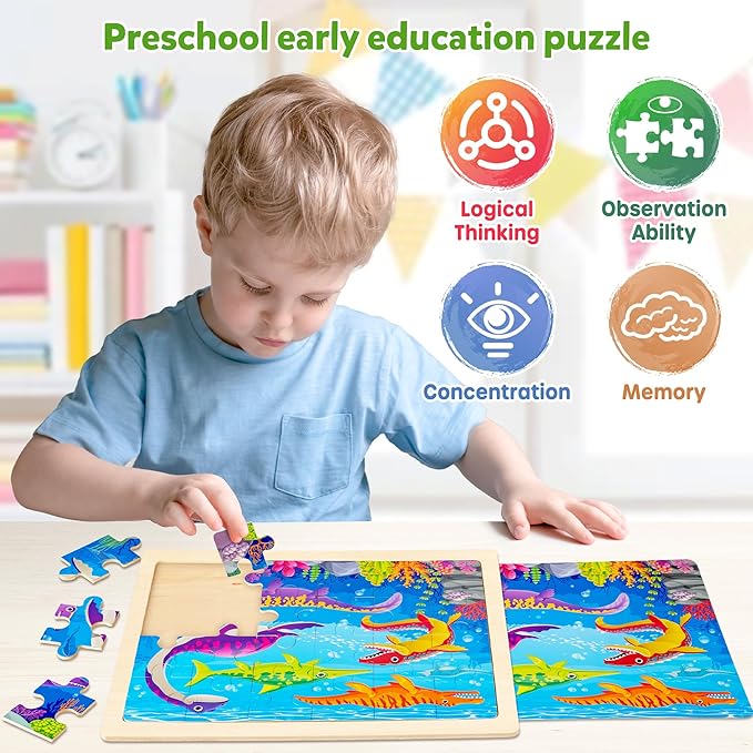 SYNARRY Large Wooden Dinosaur Puzzles for Toddlers 3-5, Wood Puzzles for Kids Ages 4-6, Dinosaur Toys for Kids 3-5, Preschool Educational Learning Toys, Easter Basket Stuffers for Boys Girls