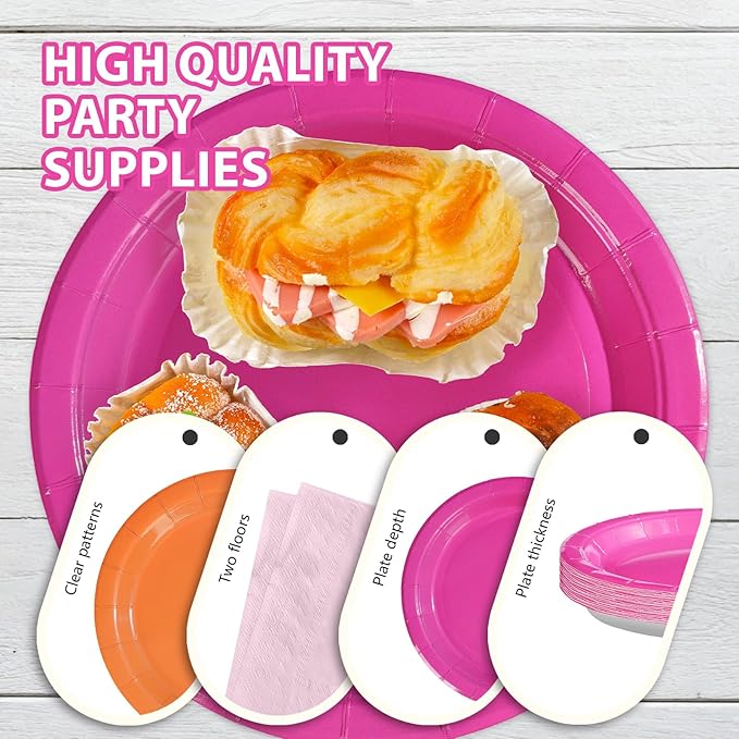 Grencian Pink and Orange Party Decorations Supplies 96Pcs Solid Color Paper Plates and Napkins Neon Disposable Hot Pink Orange Tableware for Sunset Birthday Party Graduation Decorations 2026 Serve 24